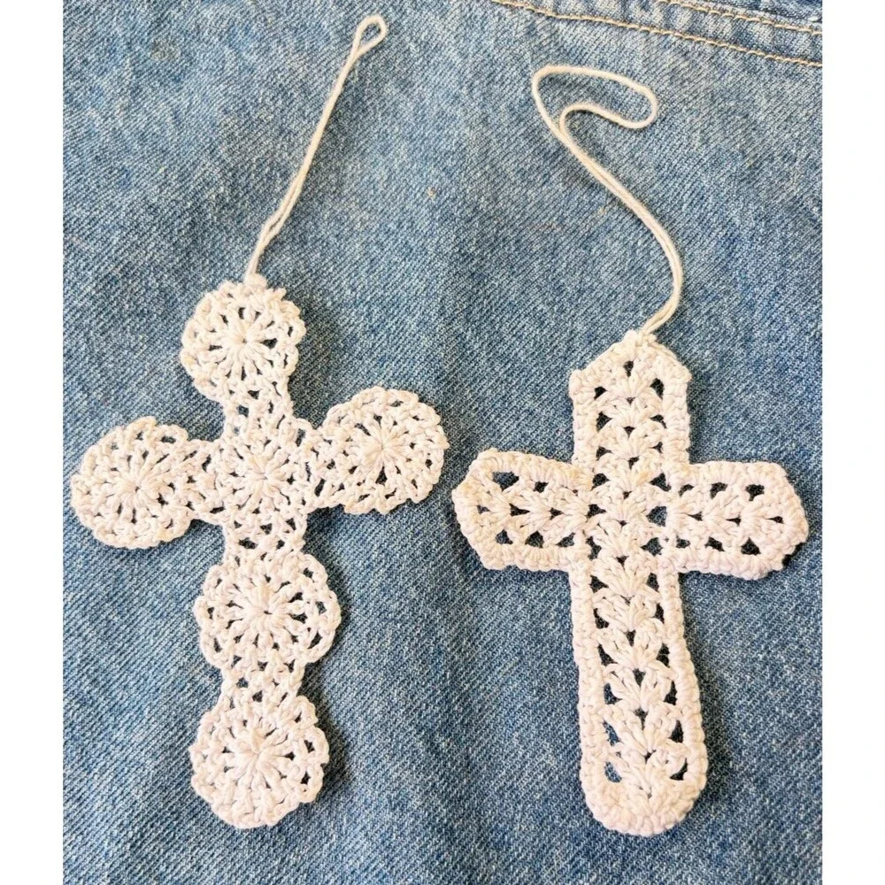 Vintage 1970s Handmade Crocheted Cross Ornaments White Cotton Lace Set of 2
